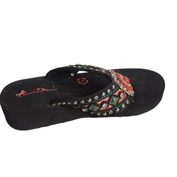 Montana West Shoes Womens Size 8 Black Wedge Flip Flop Sandals Rhinestone - Picture 7 of 10